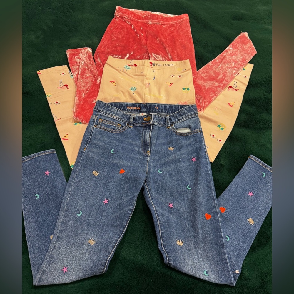 Crewcuts Girls 14 yo embroidered toothpick jeans and 2 leggings bundle